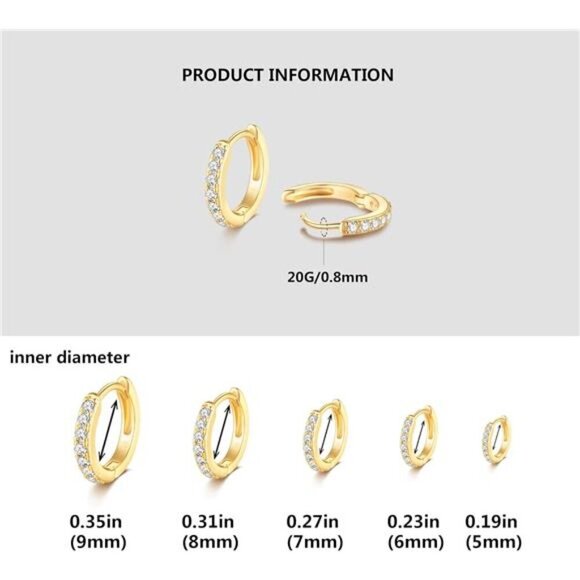 5 Pairs Tiny Gold Huggie Hoop Earrings for Women, Lightweight Cubic Zirconia - Picture 2 of 8